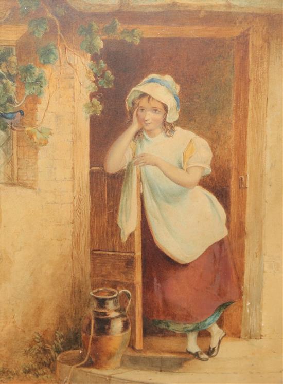 Victorian School, watercolour of a milkmaid, unsigned, 41 x 29cm